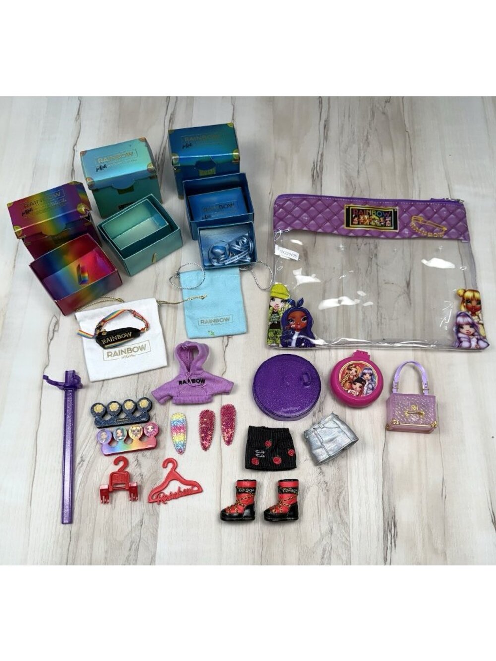19pc Lot MGA Rainbow High Accessory & Toy Lot Shoes Belt Bag Skirt Stand Purse
